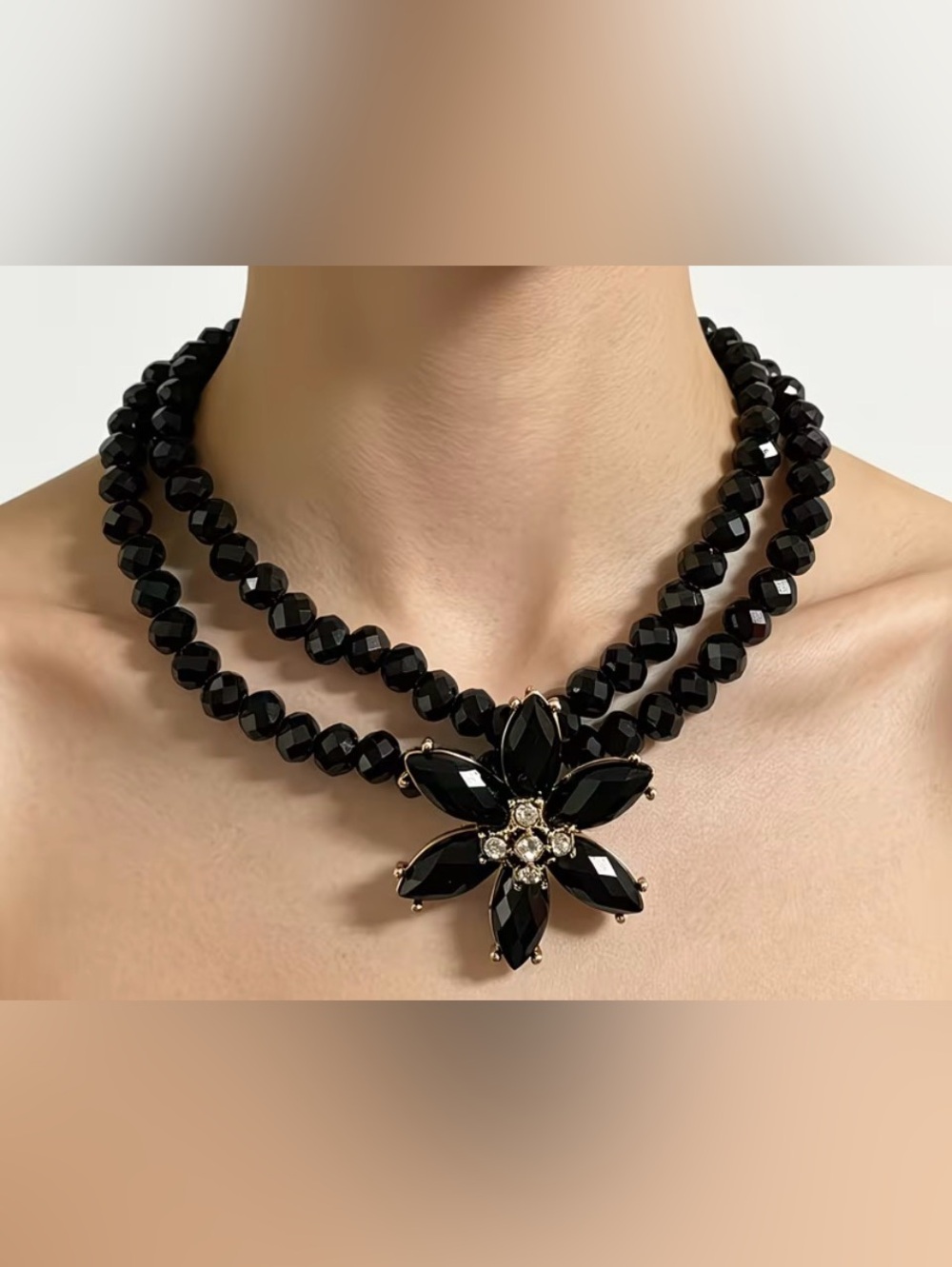 Black Faceted Bead Double Strand Choker Necklace with Floral Pendant NEW